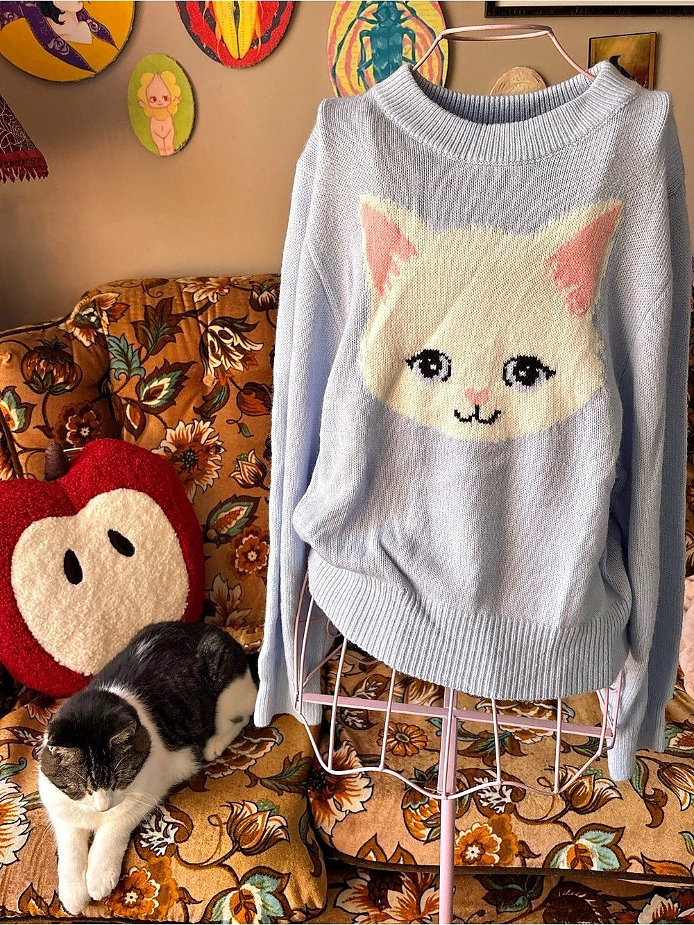 H&M Cat Graphic Crewneck Sweater Blue & White Medium
